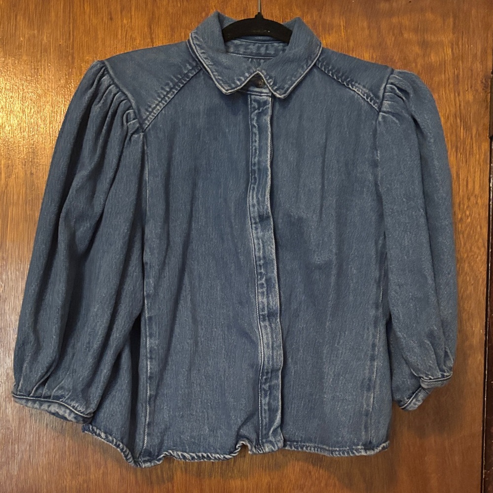 Zara Washed Denim Puff-Sleeve Shirt - Blue - Picture 3 of 4